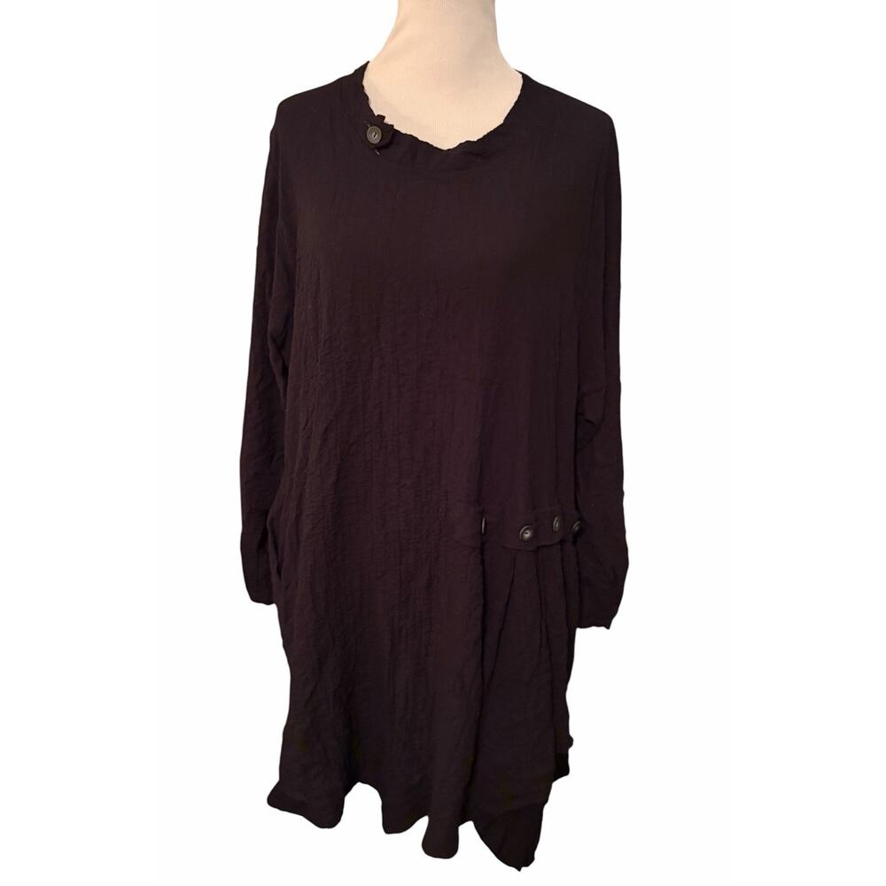 Transparente Black Lagenlook Tunic Dress •One Size• Crinkled Gauze Buttons L/S